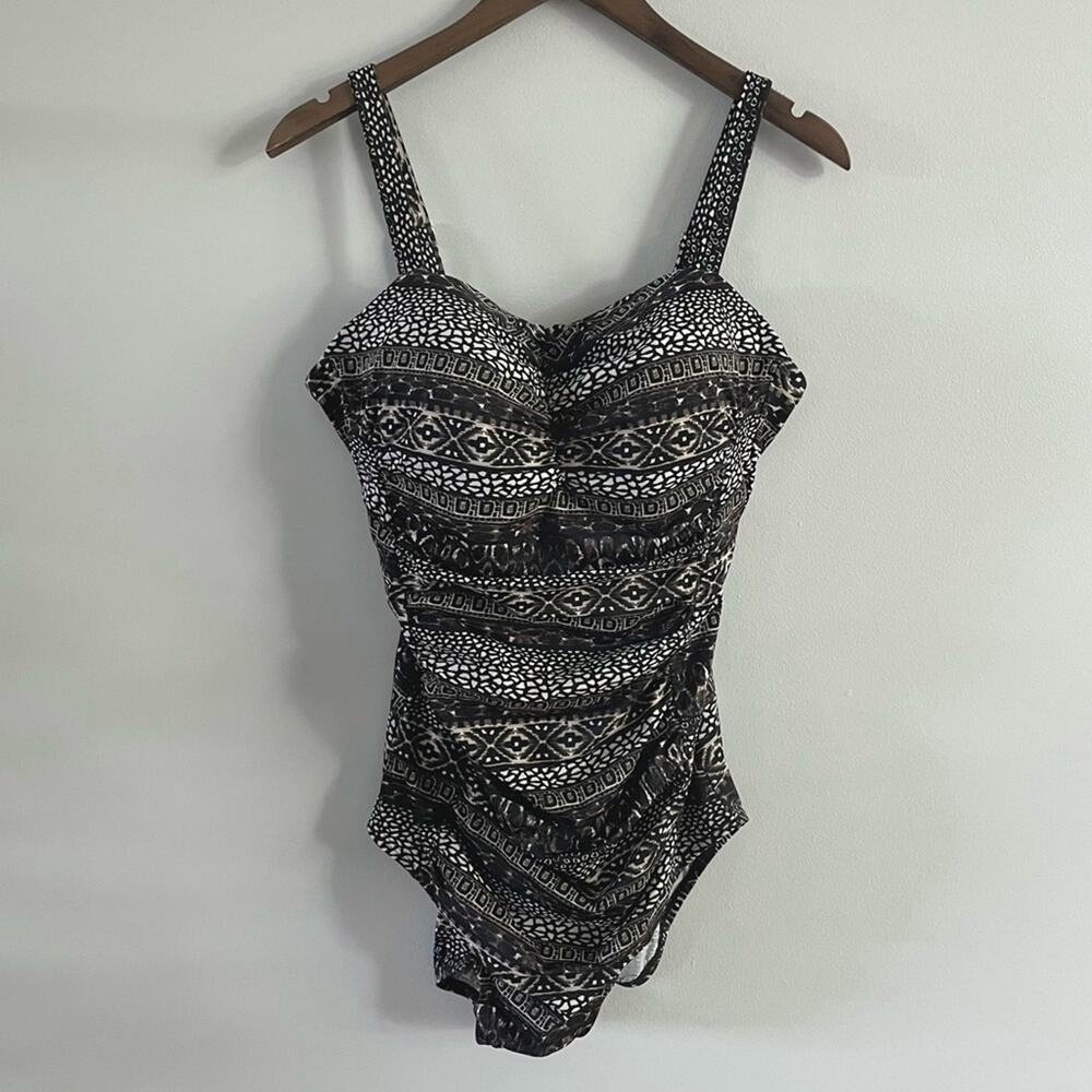 Longitude | Women’s Black, White & Brown Geometric Print One Piece Swimsuit Swim